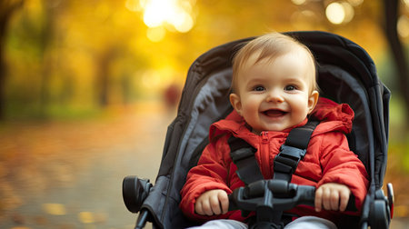 Infant in a stroller outdoors, with plenty of space for text in the background.の素材