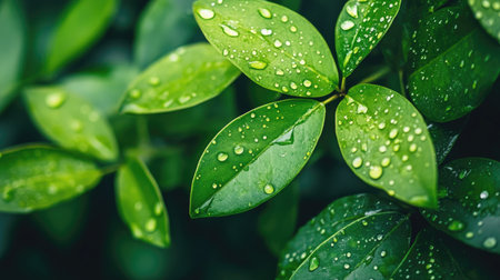 Flat lay of morning dew on lush leaves, with a blurred background and ample room for copy space, great for nature or wellness branding. -の素材