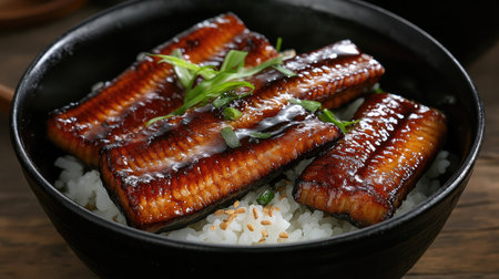 Grilled eel with a shiny, caramelized sauce glaze, resting on a bed of steamed white rice in a black lacquered bowl, high-angle view.の素材