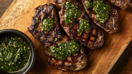 Grilled steak served with chimichurri sauce, shot from above, with clean copy space on the side.の素材