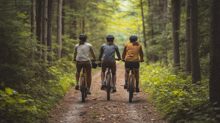 Group of friends riding bikes together on a forest trail, with room for copy above the trees.の素材