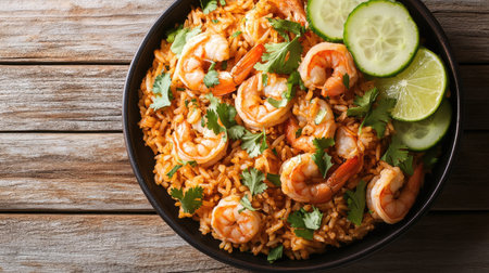 Thai fried rice with prawns, garnished with cilantro, cucumber slices, and lime wedges, set on a wooden tableの素材