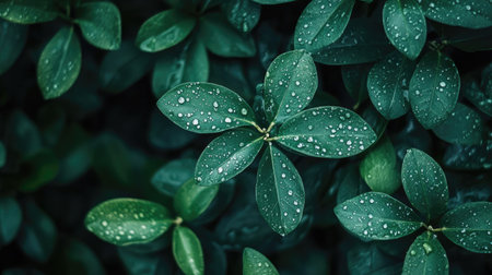 Flat lay of morning dew on lush leaves, with a blurred background and ample room for copy space, great for nature or wellness branding. -の素材