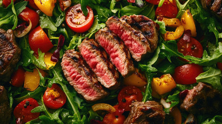 Steak served on a bed of vegetables, viewed from above, with open space on the side for copy placement.の素材