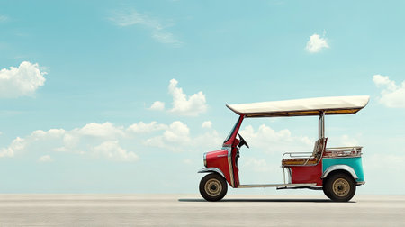 Side view of a tuk tuk with a clear sky above, providing ample space on the right side for text or promotional material.の素材