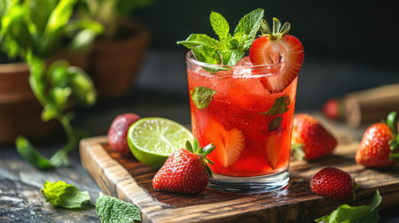 Tom strawberry drink with strawberries, mint, and lime, served in a clear glass on a wooden board, surrounded by fresh ingredients. -の素材