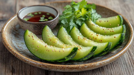 Freshly cut bitter melon slices, arranged on a ceramic plate with a side of dipping sauce and herbs on a wooden table.の素材
