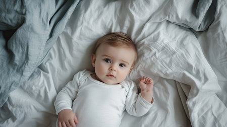 Top view of a baby lying on a bed, with empty sheets around them for text.の素材