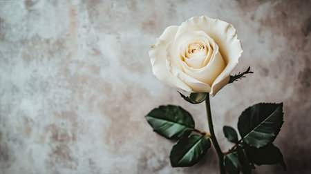 Flat lay of a white rose with a large empty space around it, ideal for adding text or product details.の素材