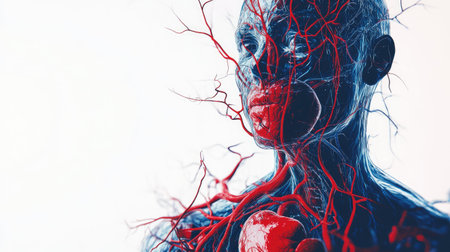 Illustration of the circulatory system with a focus on the heart and veins, against a white background with room for text.の素材