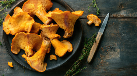 Freshly picked chanterelle mushrooms, arranged on a dark wooden table with a few sprigs of thyme and a small knife.の素材