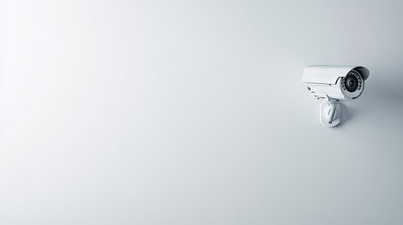 Top view of a closed-circuit camera mounted on a blank white wall, with ample space for text or logos on the right, ideal for security-themed promotions.の素材