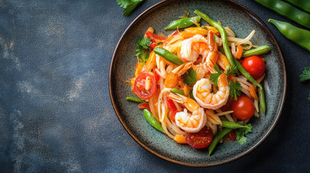 Top view of a papaya salad with shrimp, tomatoes, and long beans, placed on a ceramic plate with space for text around the edges.の素材
