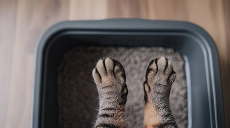 Top view of a litter box with a cat head and paws visible, leaving the rest of the image open for copy or branding on the side.の素材