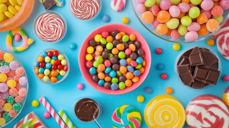 Top view of a candy-filled party setup with vibrant lollipops, wrapped candies, and chocolate treats on a colorful tablecloth.の素材