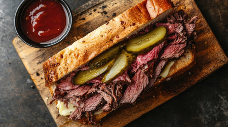 Top view of a hearty sandwich with roast beef, Swiss cheese, and pickles, placed on a wooden board with a side of dipping sauce.の素材