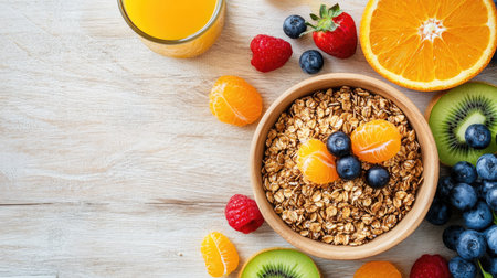 Top view of a healthy breakfast with a glass of orange juice, a bowl of granola, and fresh fruit on a light wooden table.の素材