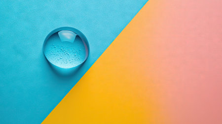 Top view of a single water droplet on a colored surface, with ample blank space surrounding it for copy or branding.の素材