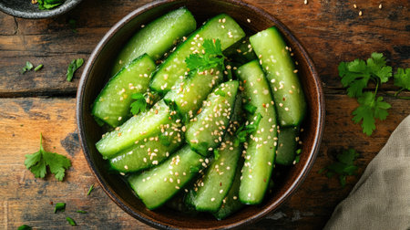 Top view of a bowl of bitter melon slices, garnished with sesame seeds and herbs, set on a wooden table with a rustic feelの素材