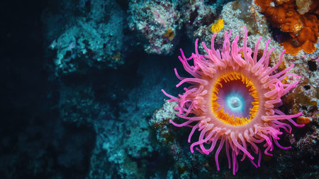 Top view of a colorful sea anemone on the ocean floor, with an empty space on the right side for adding text or promotional information.の素材