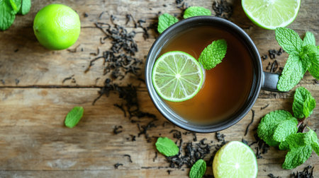 Top view of a cup of peppermint tea with fresh mint leaves and a slice of lime, placed on a light wooden table with scattered tea leaves.の素材
