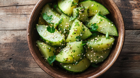 Top view of a bowl of bitter melon slices, garnished with sesame seeds and herbs, set on a wooden table with a rustic feelの素材