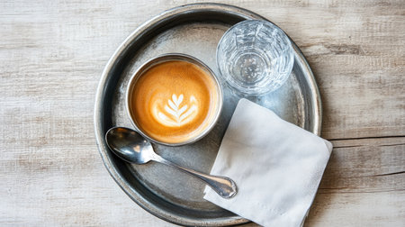 Top view of a hot Americano and a glass of sparkling water, placed on a metal tray with a spoon and napkin on a light wooden surface. -の素材