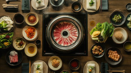 Top view of a Shabu-Shabu dining experience with a hot pot center, surrounded by plates of fresh vegetables, meat, and dipping sauces.の素材