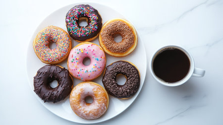 Top view of a variety of donuts, including glazed, chocolate, and sprinkles, arranged on a white plate with a coffee cup on the side.の素材