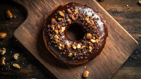 Top view of a gourmet donut with a rich chocolate glaze and crushed nuts, set on a wooden cutting board with a few crumbs.の素材