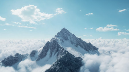 Top view of a rugged mountain summit with a vast empty sky above for copy space, creating a powerful backdrop for inspirational messages.の素材