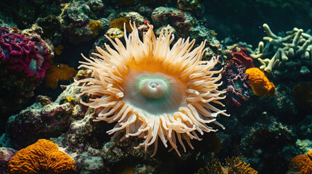 Top view of a sea anemone on a coral reef, with a clean area around it providing plenty of room for copy or branding.の素材