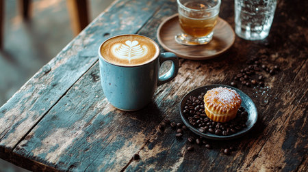 Top view of a latte and a glass of water, surrounded by coffee beans and a small plate with a pastry on a rustic wooden table.の素材