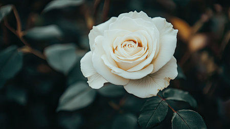 Top view of a white rose with a soft-focus background, leaving plenty of room on one side for copy or promotional informationの素材