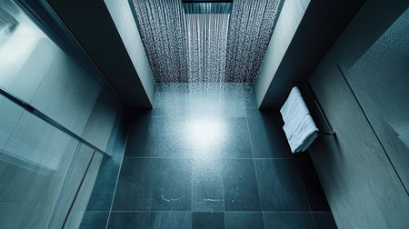 Top view of a modern shower room with a rainfall showerhead, water flowing onto a sleek tiled floor, surrounded by minimalistic glass doors and a towel rack.の素材