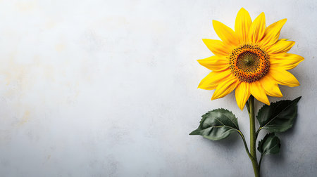 Top view of a sunflower with a clean background, creating ample space on one side for adding copy or promotional content.の素材