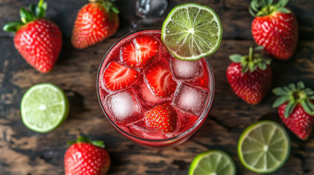 Top view of a Tom strawberry drink served with whole strawberries and ice cubes, placed on a wooden surface with fresh lime slices.の素材