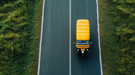 Top view of a tuk tuk with a clean, empty road or background, creating a large open area on one side for copy or product details.の素材