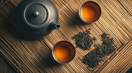 Top view of a traditional tea set with a teapot and two cups, surrounded by loose tea leaves, on a bamboo mat, creating a calming, zen aesthetic.の素材