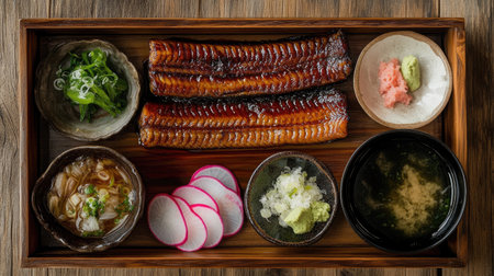 Top view of a traditional Japanese meal featuring grilled eel with unagi sauce, miso soup, and pickled radishes, arranged on a wooden serving tray.の素材