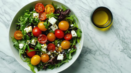 Top view of a salad bowl filled with colorful cherry tomatoes, mixed greens, and feta cheese, drizzled with olive oil.の素材