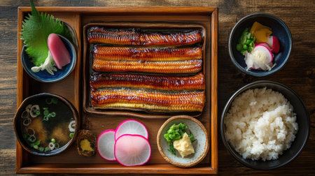 Top view of a traditional Japanese meal featuring grilled eel with unagi sauce, miso soup, and pickled radishes, arranged on a wooden serving tray.の素材