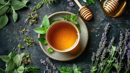 Top view of a tea cup with loose leaf tea, surrounded by fresh herbs, lavender sprigs, and honey, creating a rustic, natural atmosphere.の素材