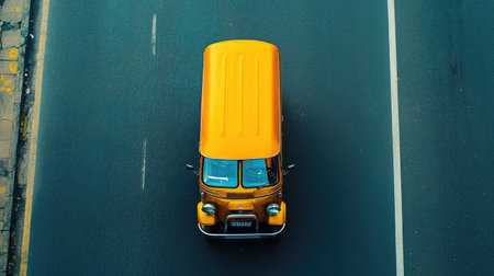 Top view of a tuk tuk with a clean road or background, creating a large open area on one side for copy or product details.の素材
