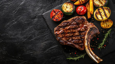 Top view of a tomahawk steak with grill marks, surrounded by roasted vegetables, with copy space at the top of the frame.の素材