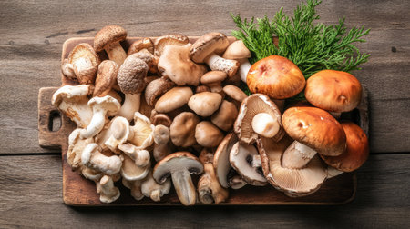Top view of an assortment of fresh mushrooms including shiitake, cremini, and portobello, arranged on a rustic wooden board.の素材