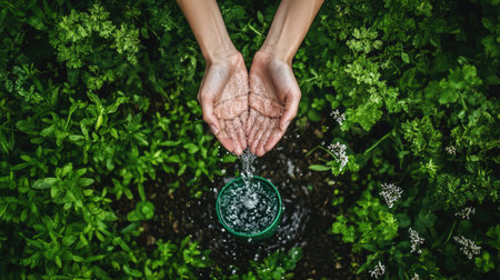 Top view of an outdoor tap with water flowing into cupped hands, surrounded by green grass and a small watering can.の素材