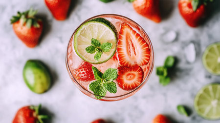 Top view of a Tom strawberry drink in a clear glass, surrounded by fresh strawberries, lime slices, and mint on a light surface.の素材