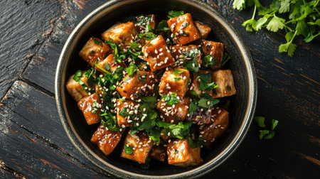 Top view of a vibrant dish featuring bitter gourd stir-fried with tofu, garnished with sesame seeds and herbs on a dark wooden surface.の素材