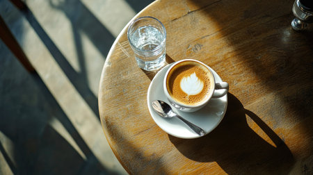 Top view of an espresso macchiato with a glass of water and a spoon, placed on a round wooden table in a cozy coffee shop setting.の素材